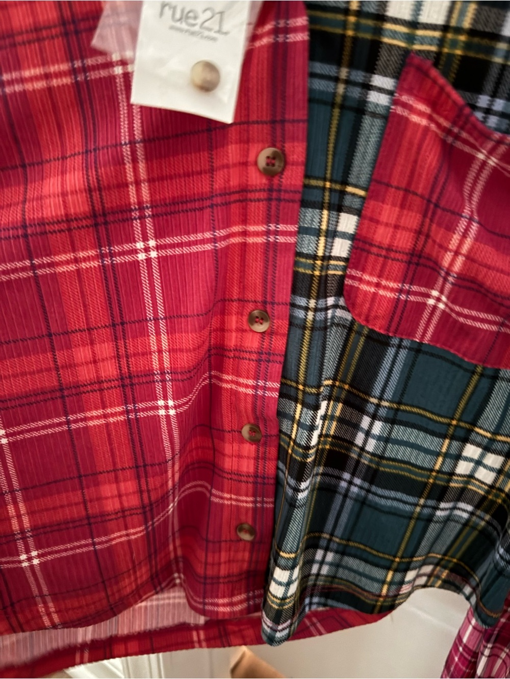 rue21 Mixed Plaid Button-Up Shirt in Red & Teal - Picture 3 of 5